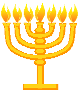 sterk gestyleerde Menorah (palmboom!) met 7 grote vlammen erop, symbool van Gods aanwezigheid